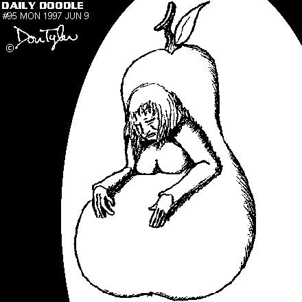 Old woman stuck in a large pear