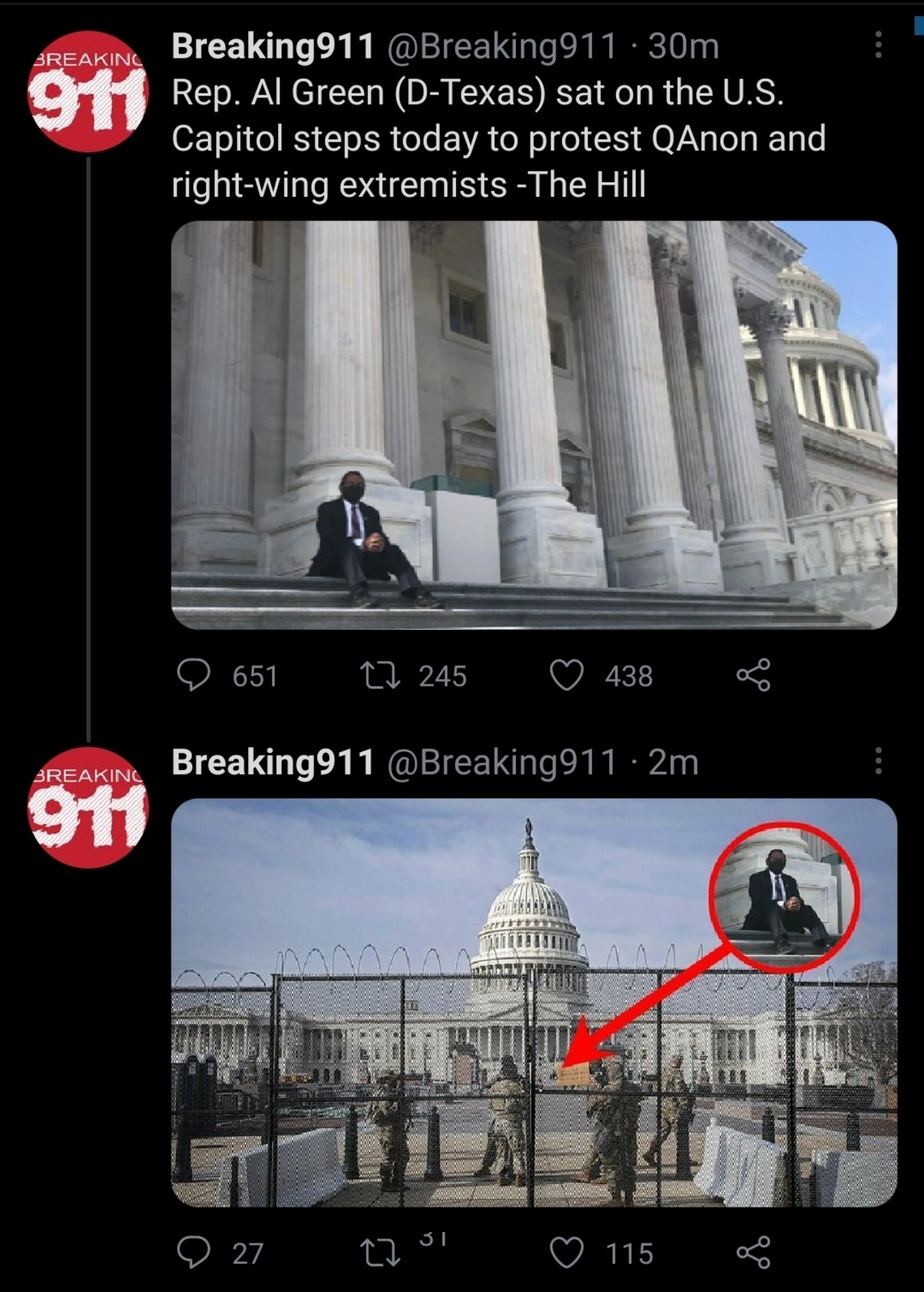 Rep Al Green sitting on the Capitol steps + view from outside the fence