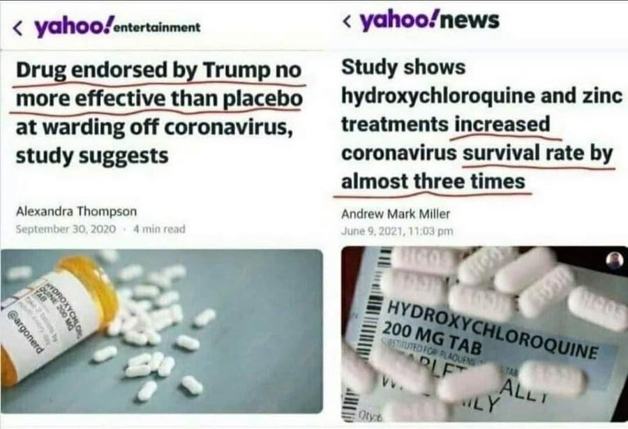 Yahoo: HCQ effectiveness reversal in 1 year