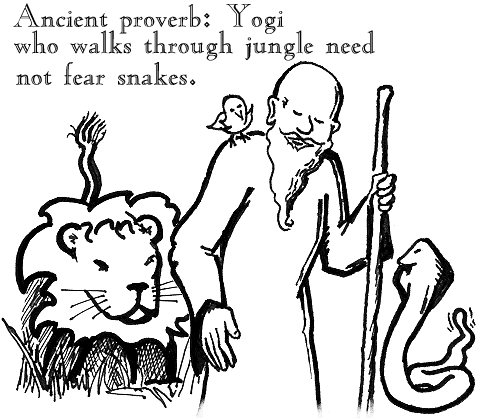 Ancient proverb: Yogi who walks through jungle need not fear snakes.